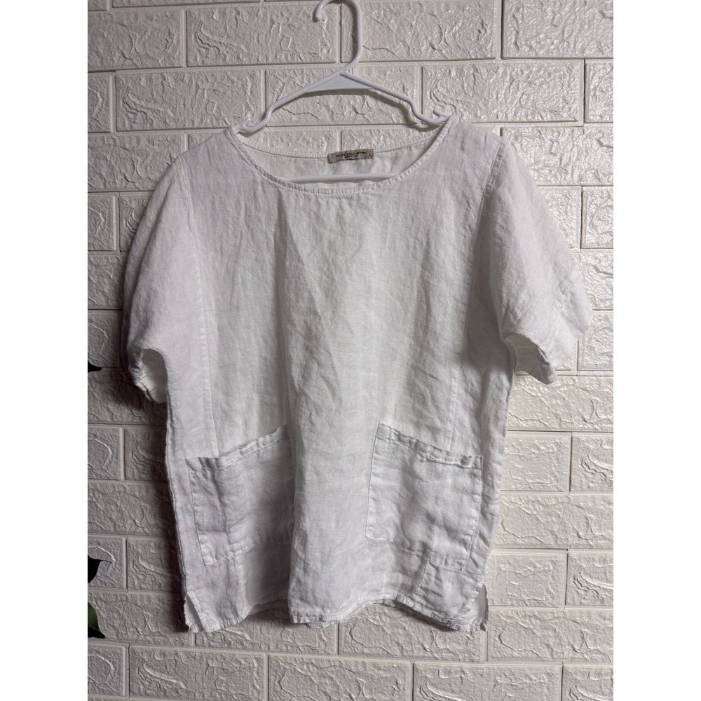 Francesca Bettini Womens White 100% Linen Blouse Top Short Sleeve Pockets L